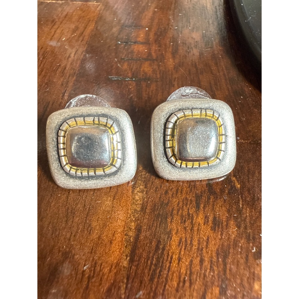 Vintage Mixed Metal Square Stud Earrings Two Tone Silver Gold Geometric Posts